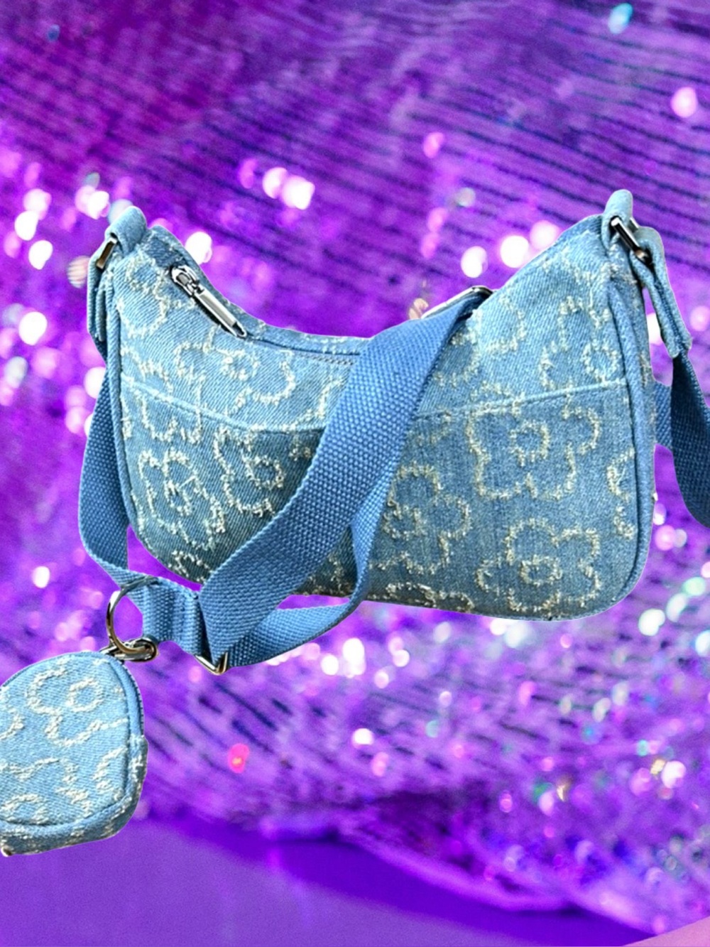 🆕Wild Fable Women’s Blue Small Floral Denim Jean Crossbody w/ Coin Pouch💜💜